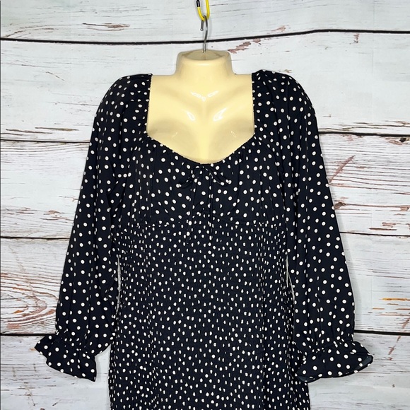 Express NWT Size XL Black & Ivory Polka Dot Smock Elastic Ruffle Hemline Dress - Picture 2 of 4